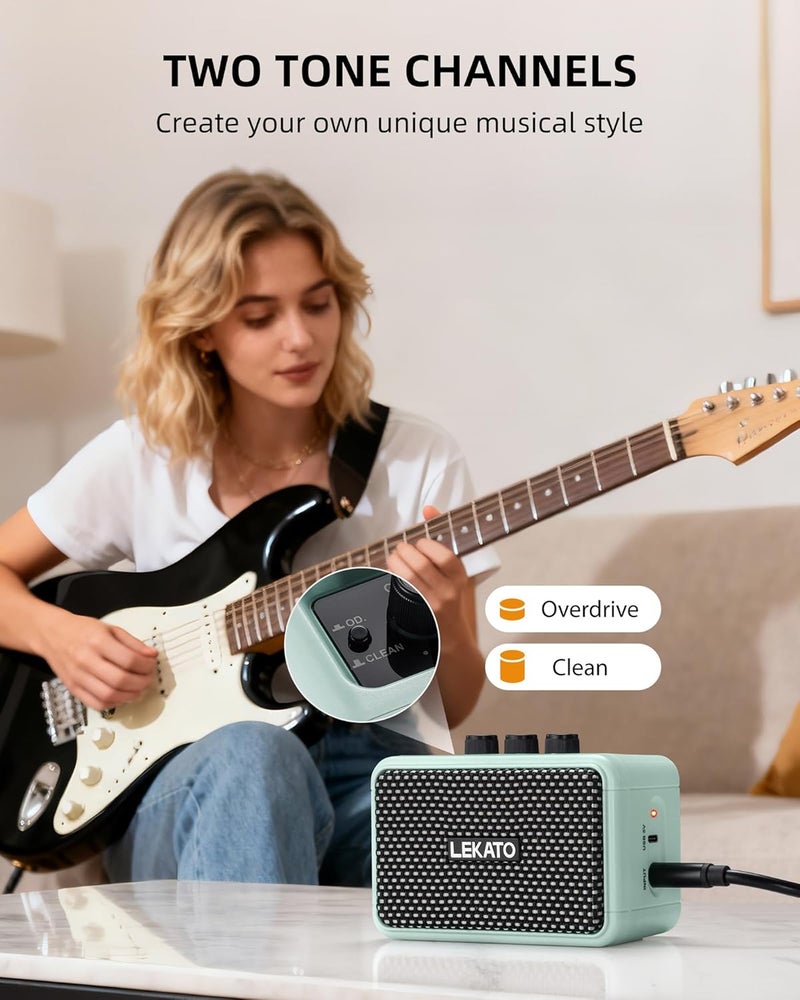LEKATO Mini Guitar Amplifier, Dual Speakers 5W, Rechargeable Electric Guitar Amp Bluetooth with Clean Overdrive, 6H Working, Headphone Jack, Wireless Portable Small Amp for Practice, Traveling (Blue) - Image 2